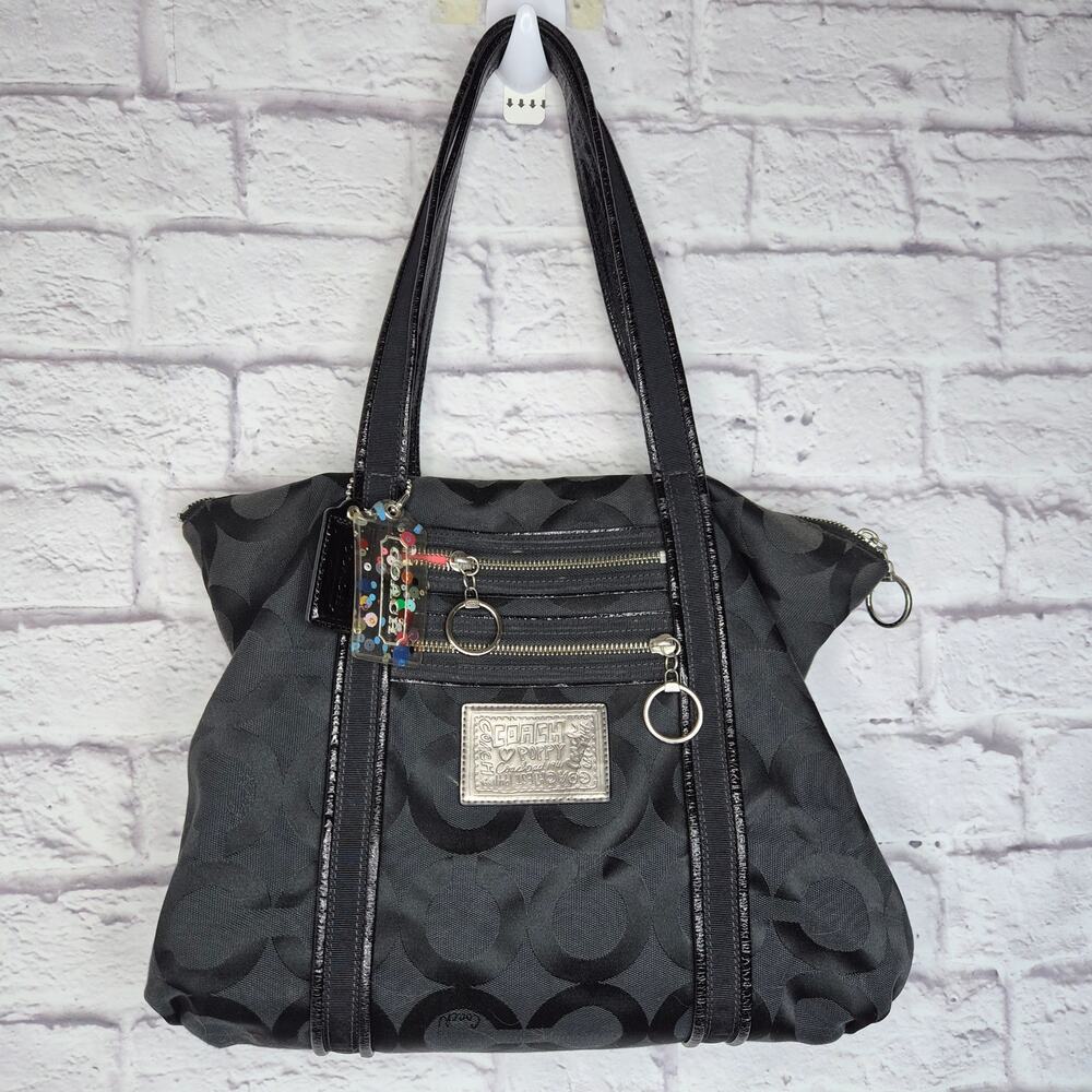 Coach Poppy Glam Tote 13826 Op Art Signature Jacquard Black Shoulder Bag Y2K VTG